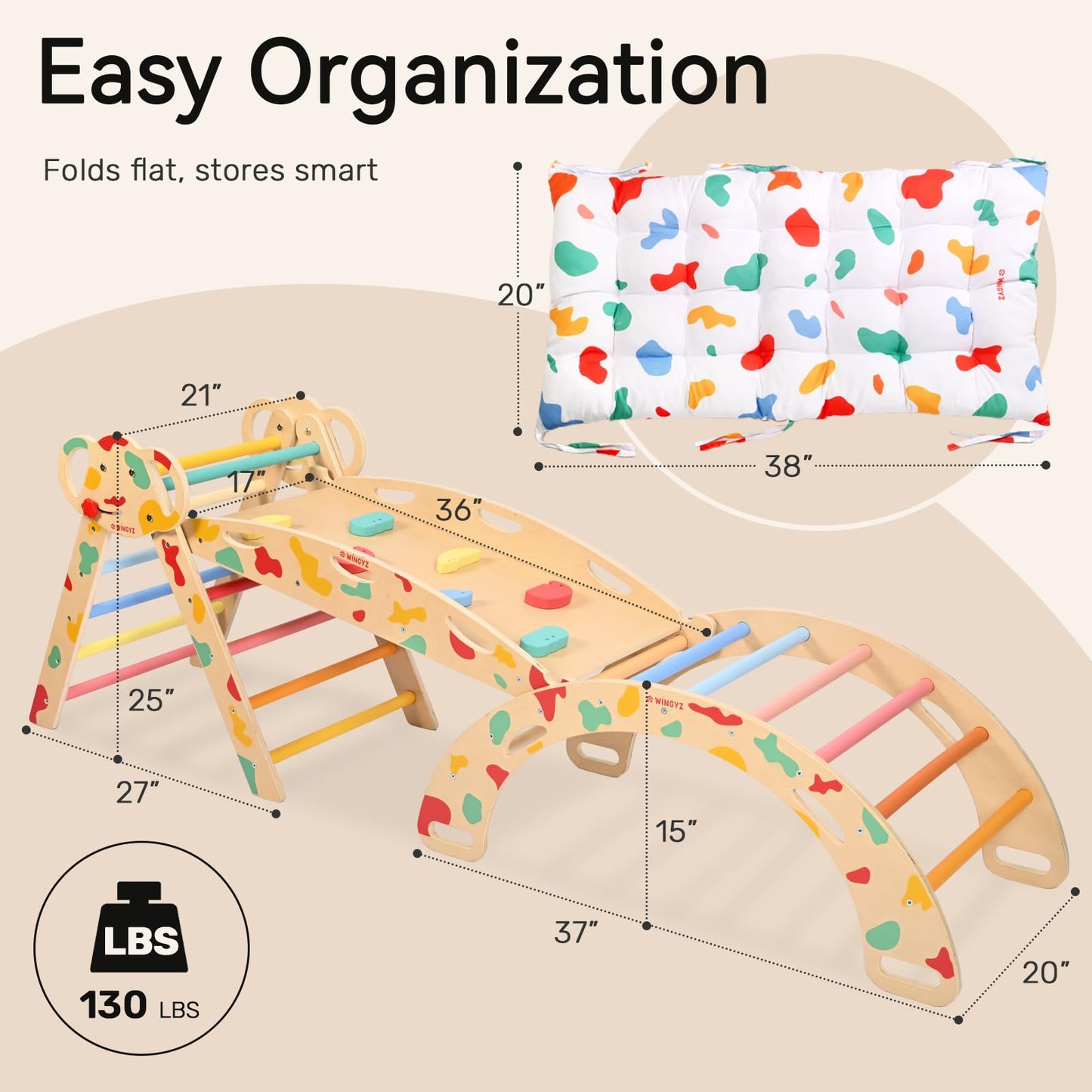 WINGYZ Pikler Triangle Set, Montessori Foldable 8-in-1 Jungle Gym & Reversible Animal Slide, Patent-Protected Climbing Set, Safe 2.35" Gap ASTM F963 Standards for Toddlers 18 Months-7 Years (Rainbow)