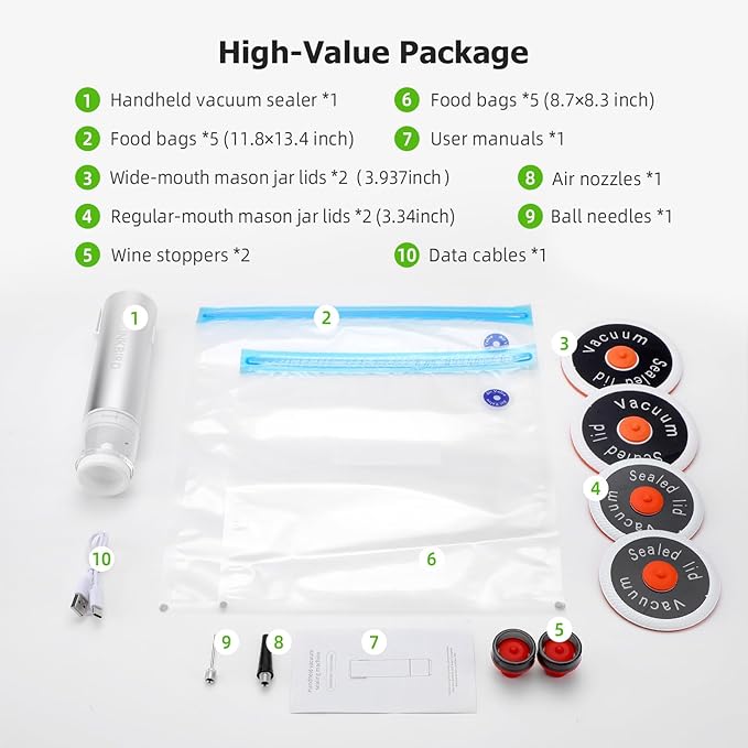 INKBIRD Compact Vacuum Sealer for Food, 6-In-1 Powerful Handheld Vacuum Sealer Machine+10 Reusable Sous Vide Bags+ 4 Reusable Jar Lids, Seal Meal 10X Fresh, Wireless & Portable & Rechargeable
