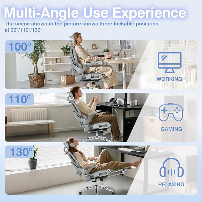 Ergonomic Mesh Office Chair with 4D Armrests, High Back Desk Chair Computer Gaming Chairs with Footrest, Adjustable 3-Zone Dynamic Lumbar Support, Ergonomic Office Chair with Wheels, Gray