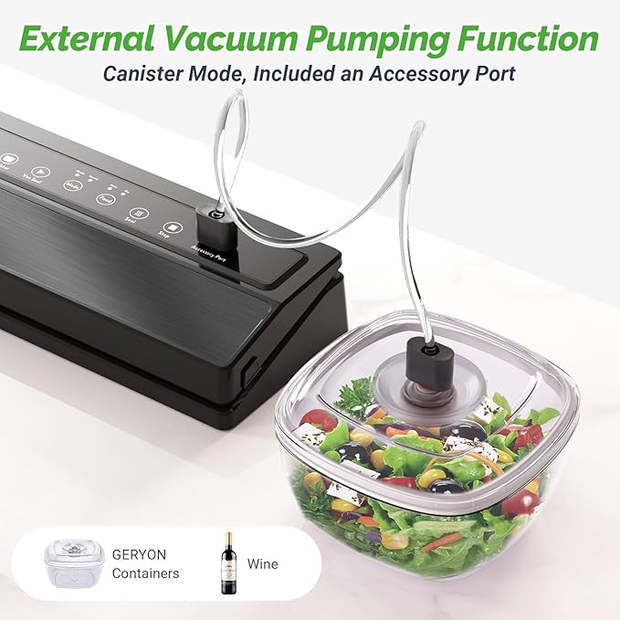 GERYON Vacuum Sealer Machine, Food Vacuum Sealer with Powerful Suction | Slim Design | Easy to Use | Led Indicator Lights for Sous Vide, Meal Prep, w/Starter Kits for Vacuum Seal Container (Black）