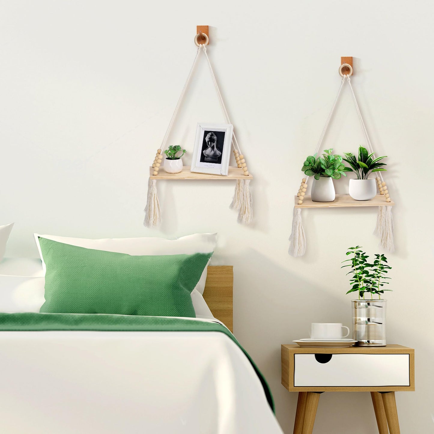 Chissen Bohe 2 Pack Wooden Wall Hanging Shelves, Macrame Plant Wall Shelf with Tassel, Storage Floating Shelves for Books Photos,Wall Shelves for Living Room,Bedroom, Handmade Stand Holder Home Decor