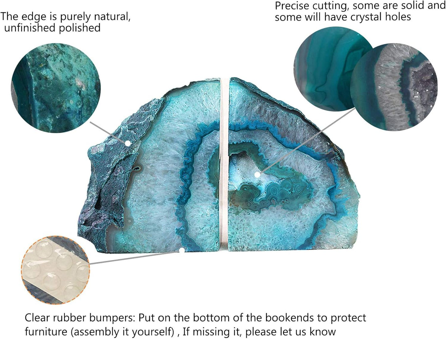 AMOYSTONE Teal Agate Geode Bookends, Unique Natural Crystal Book Holder 2-3 LBS with Rubber Bumpers, Sujetalibros for Small Books and Kitchen Cookbooks, Stylish and Functional