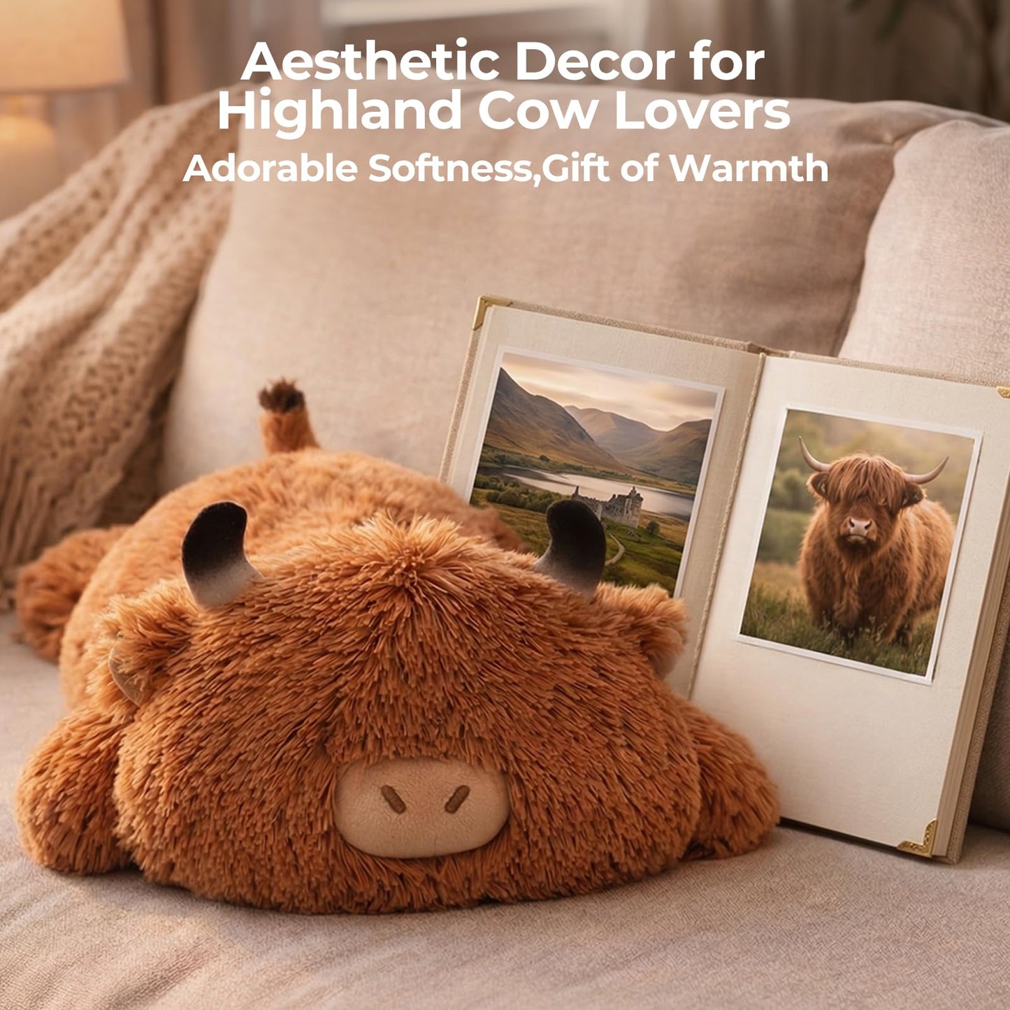 Mewaii Cute Highland Cow Plush Pillow, Kawaii Plushies Highland Cow Stuffed Animals, Squishy Plushies, Cuddle Plush Pillow for Kids & Girls (13 Inch)
