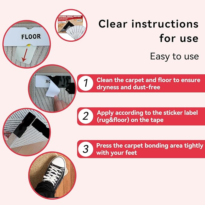Reusable Carpet Grippers,Non Slip Rug Pads Grippers for Hardwood Floors and Tiles, Washable,Strong Adhesive Grippers for Area Rugs, Keep Corners Flat, Non-Damaging for Floor Dark Night Black (8)