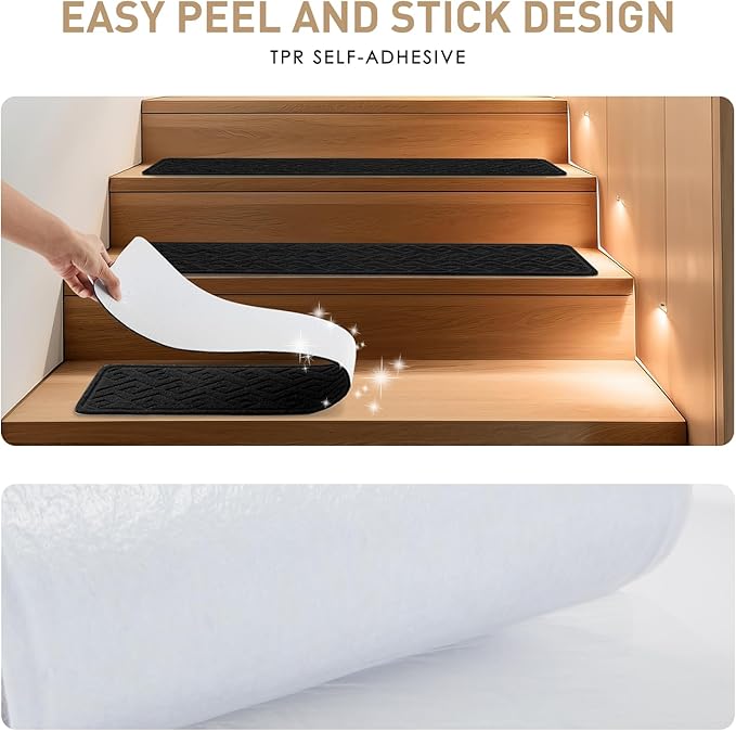 Stair Treads for Wooden Steps, 8" X 30" Non Slip Stair Runner Carpet Indoor with Reusable Adhesive Backing, Soft Tread Mat for Stairs, Ideal for Home, Polyester TPR Backing Stair Rugs-Black 15 Pack