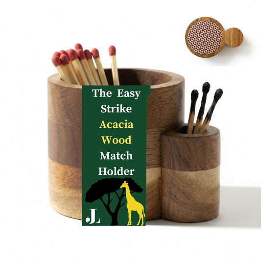 The Easy Strike Acacia Wood Match Holder with Striker & Extra Striker Pad - 3.25" x 2" Decorative Matchstick Organizer for Fireplace, Candles, Home Decor Gift, Matches Not Included (1 Pcs)