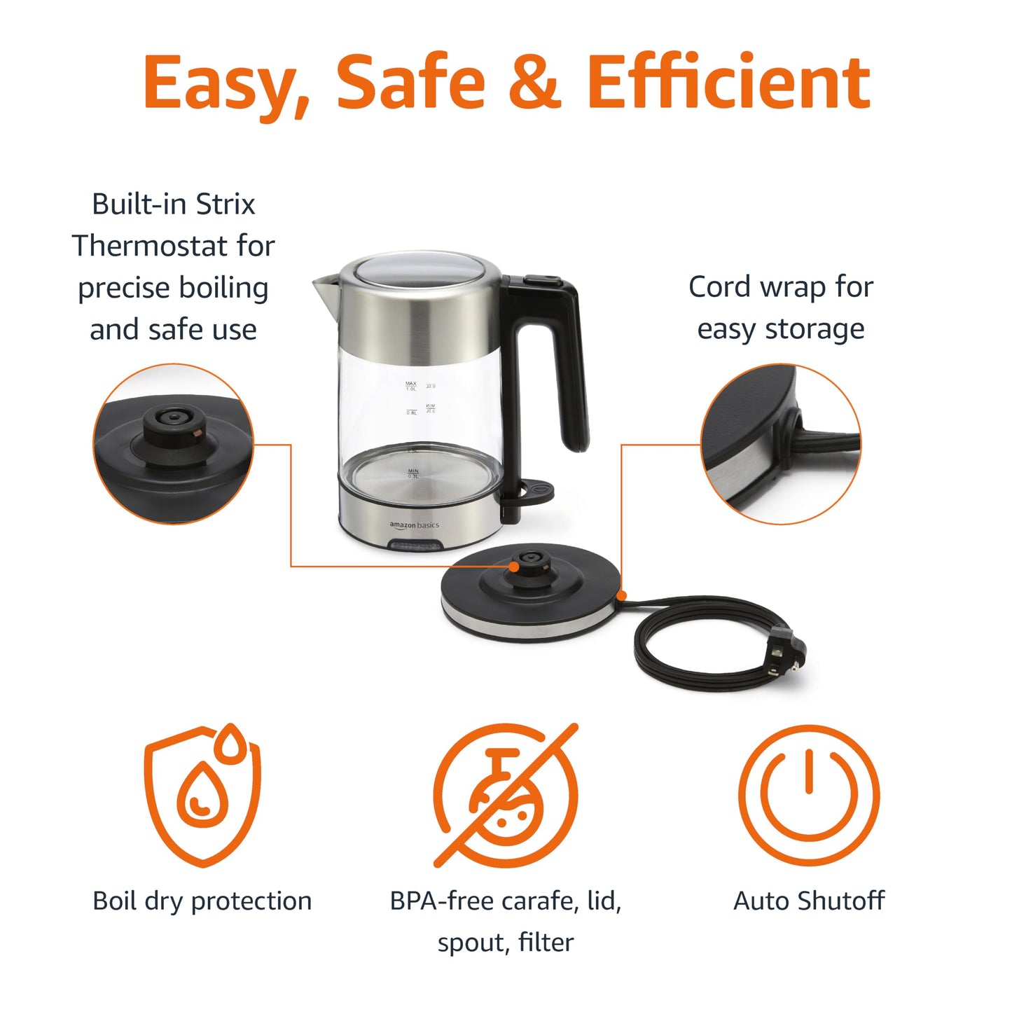 Amazon Basics Electric Kettle with Glass Carafe for Tea and Coffee, Fast Boiling, Auto Shut-Off, Boil-Dry Protection, Temperature Control, Removable Filter, 1 Liter, 1500W, BPA-Free