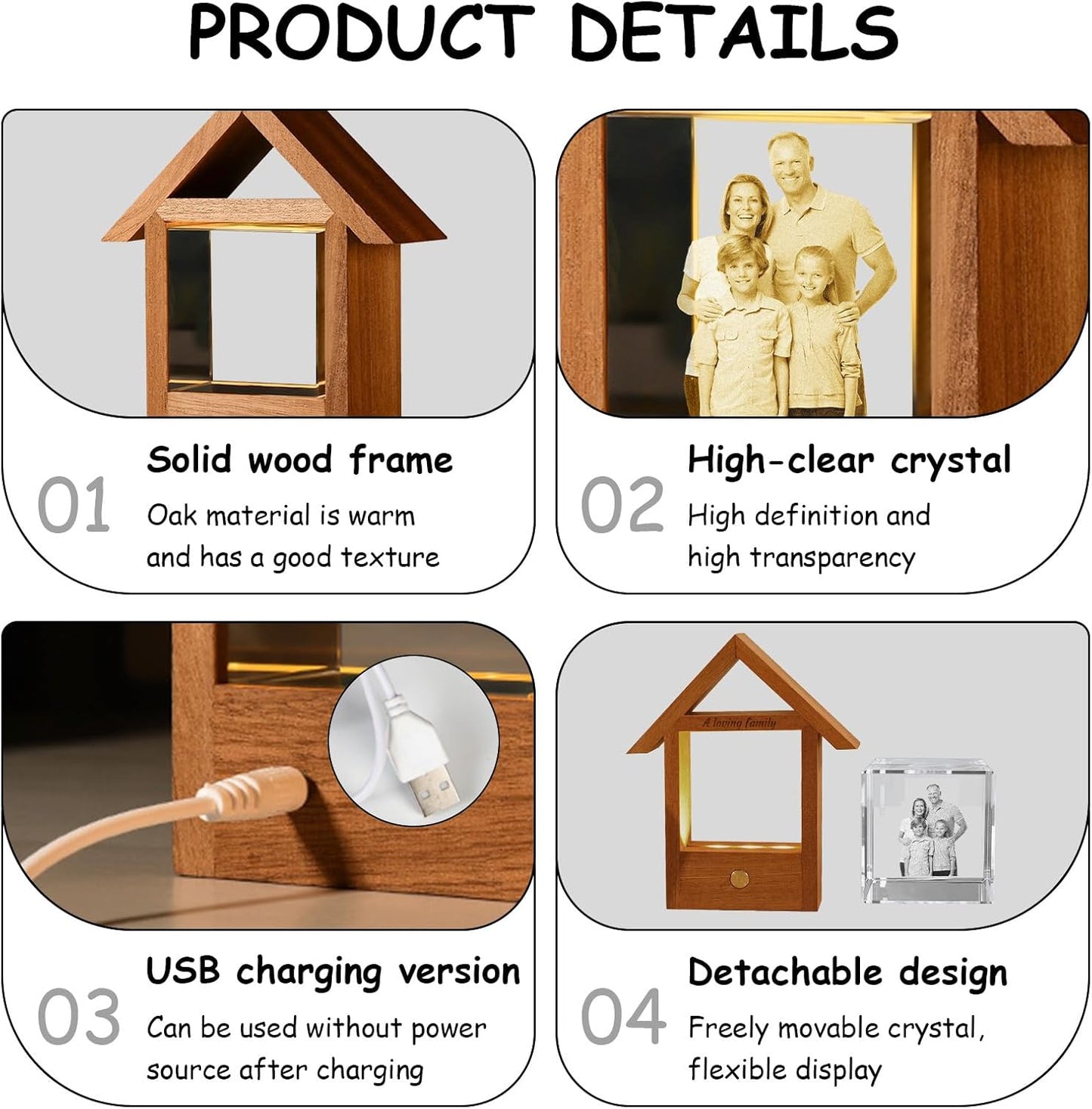 Custom 3D Crystal Photo Night Light – Personalized Glass Photo Ball with Customized 3D Picture Engraving, LED Light Wood Base, Unique Custom Gifts for Family, Pets, Birthday，Valentine's Day (Style 4)