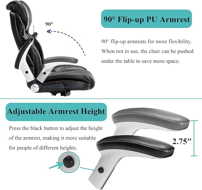 Big and Tall Office Chair,500lbs Capacity Ergonomic Desk Chair for Heavy People,PU Leather Swivel Rolling Computer Chair with Padded Flip-up Arms,High Back Executive Office Chair,Black