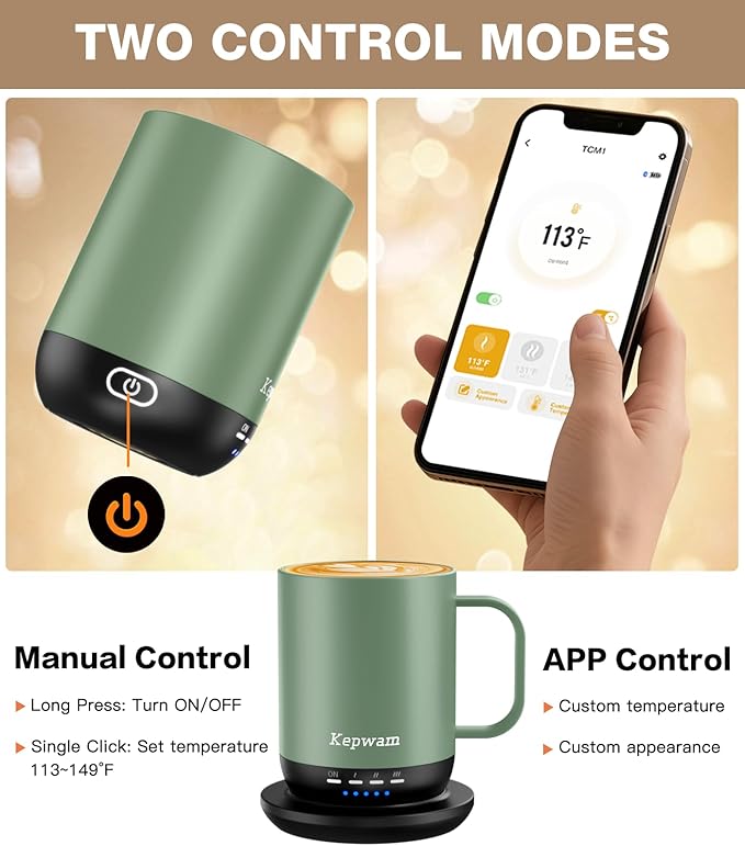 Kepwam Heated Coffee Mug T1-14oz Fast Heating & Longer Battery Life Self Heating Coffee Mug Hot to 149℉ - Touch & App Controlled Mug Coffee and Hot Beverage Warmer, Gifts for Women and Men