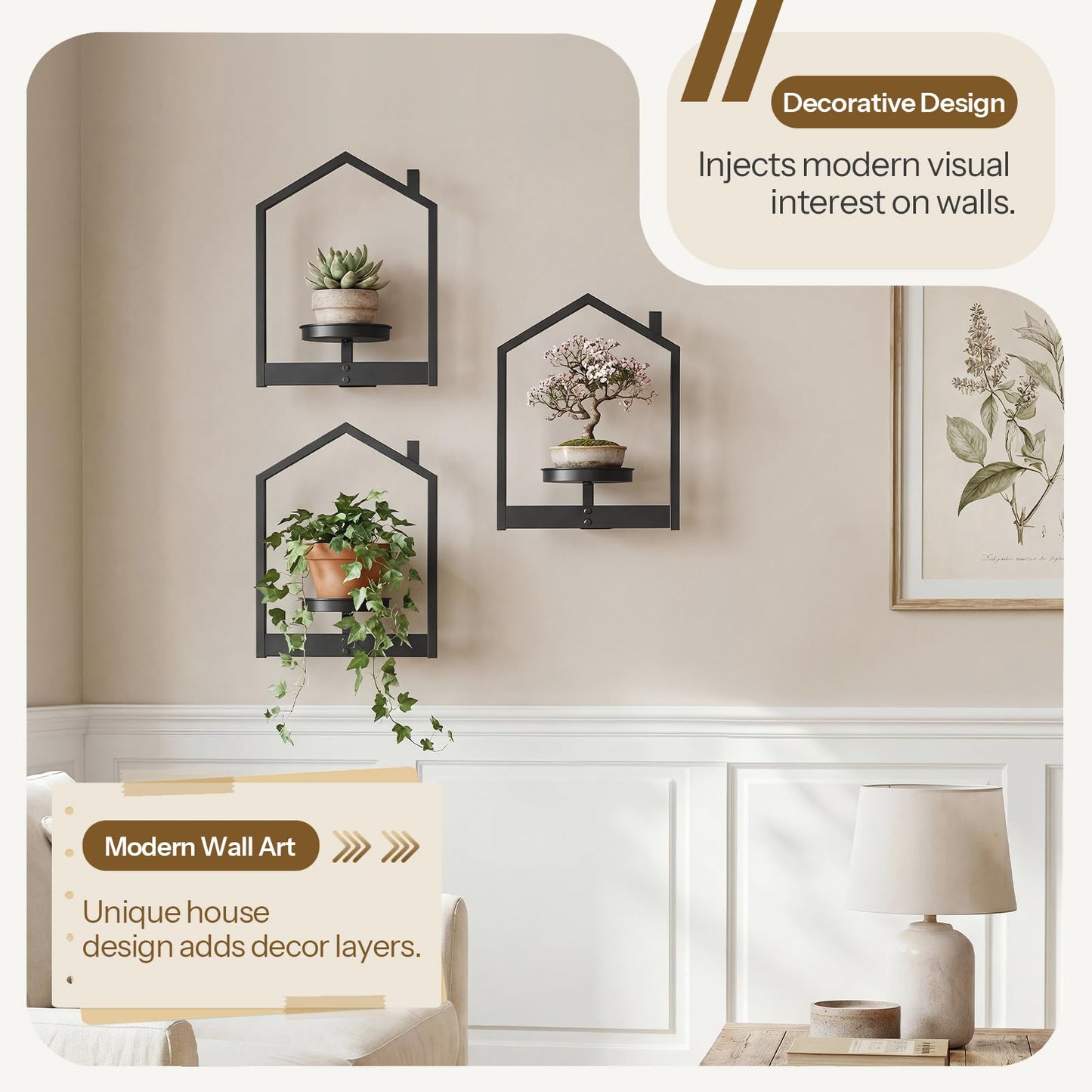 HOOBRO Hanging Planters for Indoor Plants, Wall Plant Holder Set of 3, Plant Hanger Indoor Window Plant Shelves, Metal Frame, Space Saving, for Living Room Outdoor Entryway, Black BK08HJP301