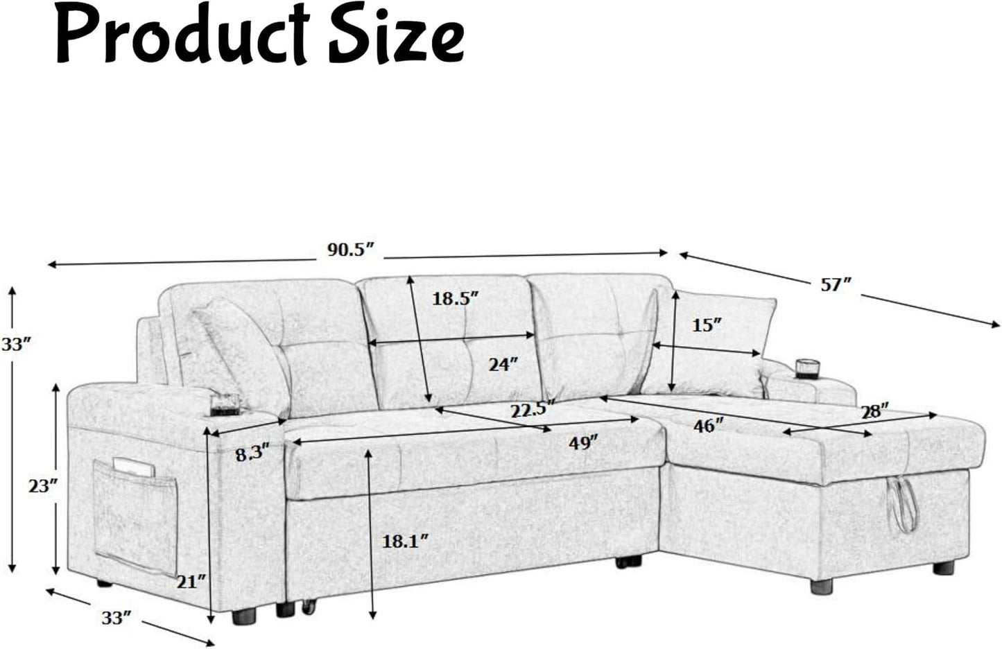 L Shape Pull Out Sofa Bed with Cup Holder, Convertible Sectional Couch with Reversible Chaise Storage, Modular 4 Seat Sofa with Side Pockets, for Living Room, Apartment, Office, Light Gray