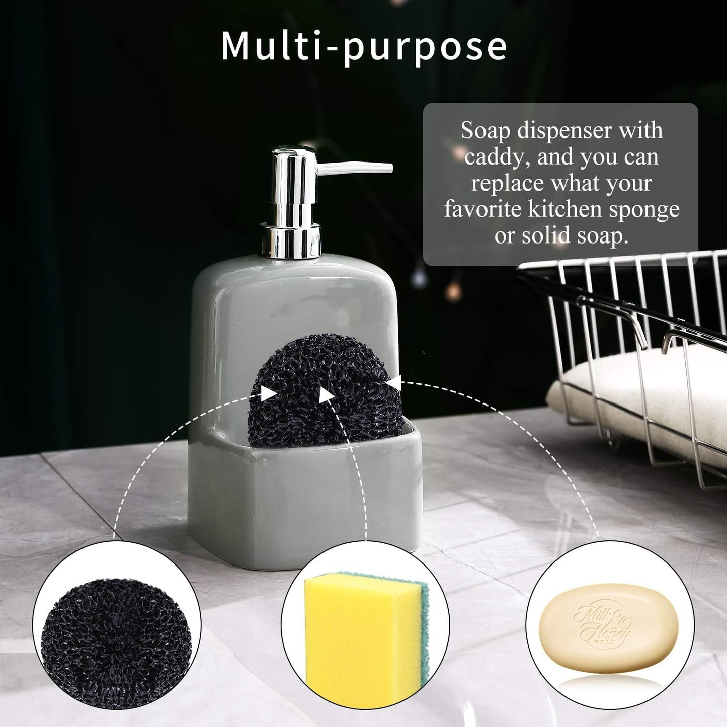 Dish Soap Dispenser - Kitchen Soap Dispenser with Sponge Holder Matte Ceramic Soap Daddy Dispenser 20oz for Kitchen (Grey)