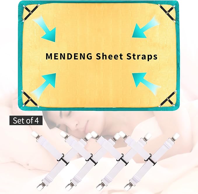 MENDENG Bed Sheet Straps Queen Fitted Sheet Straps Sheet Holders for Corners King Size Mattress Straps Suspenders Gripper White 4P