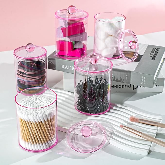 2 Pack Qtip Holder,Canister Apothecary Jar Set, Bathroom Jars with Lids Set for Cotton Swabs, Balls, Pads, Floss Picks,10oz-12oz Plastic Canisters Restroom Bedroom Vanity Organizer(Pink)