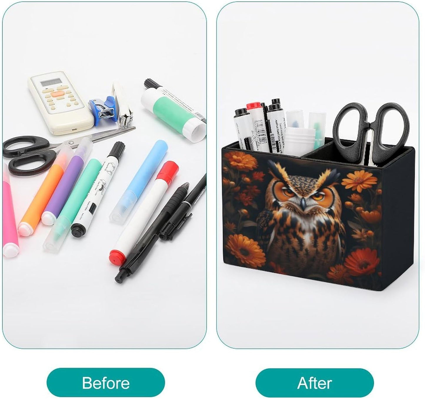 Owl Among Flowers Lether Pen Holder for Desk Makeup Brush Holder Office Organizer Desk Accessory for School Office