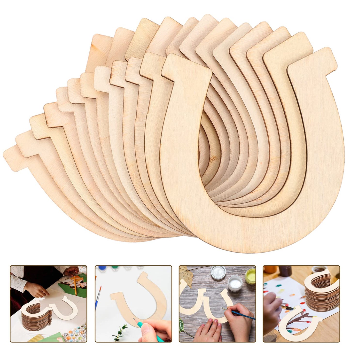 EXCEART Horseshoe Shape Unfinished Wood Slices 3.6 Inch DIY Wooden Cutouts for Kids Hand-Painted Crafts Home and Holiday Decoration