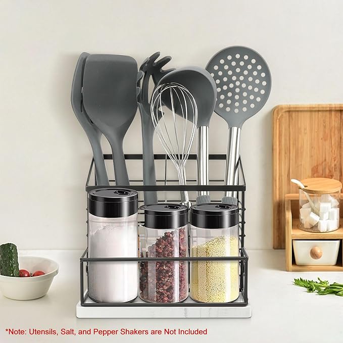 Utensil Holder for Kitchen Counter, Metal Utensil Holder Rack with Salt and Pepper Shakers for Kitchen Countertop, Cooking Tools Storage for Spatula, Large Utensil Organizer with Marble Base