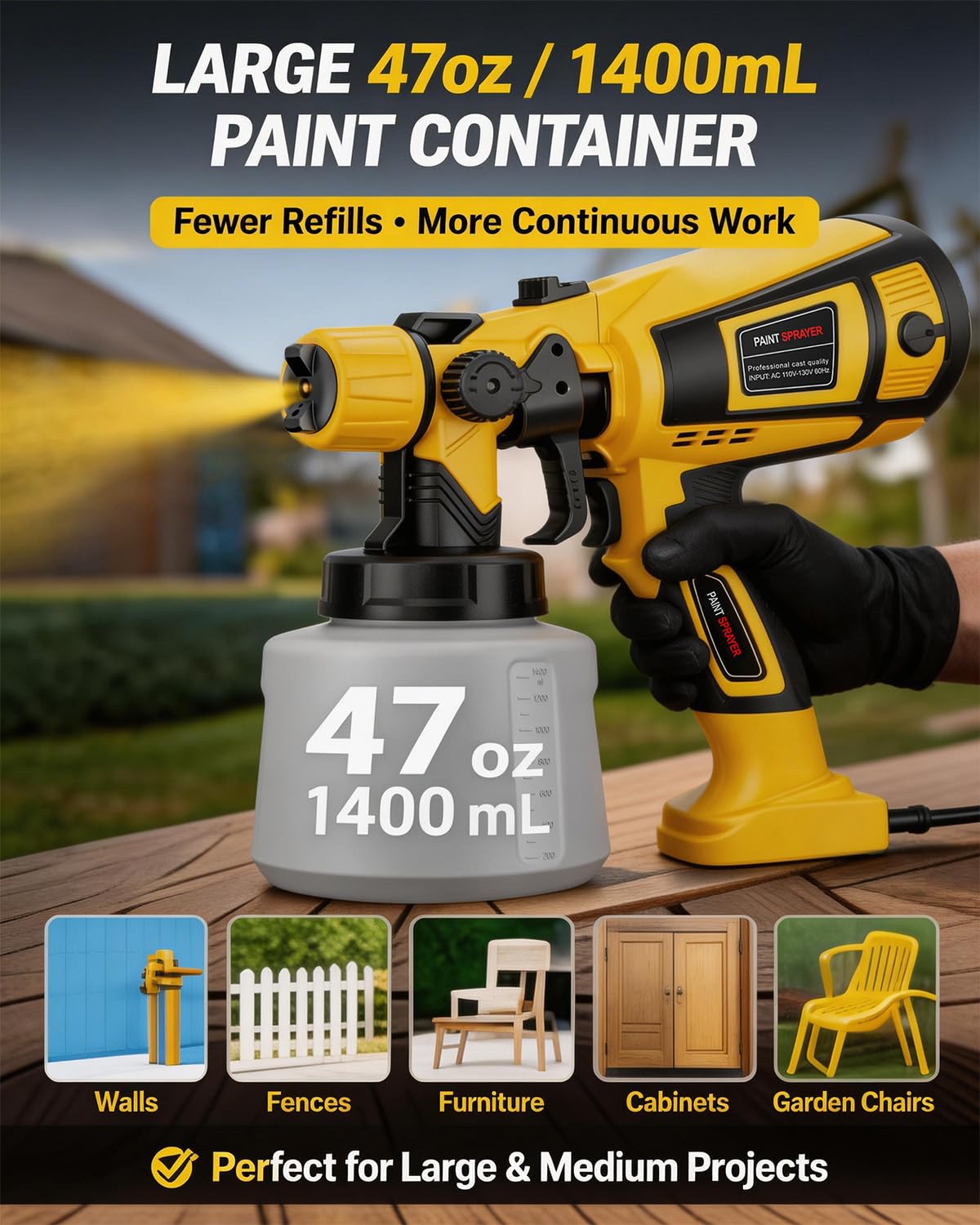 Paint Sprayer Indoor Outdoor, 1000W Electric Handheld HVLP Spray Paint Gun with 3 Patterns 6 Nozzles, Easy to Clean & Use, Stain Sprayer for House Painting, Furniture, Cabinets, Walls, Doors, Fences