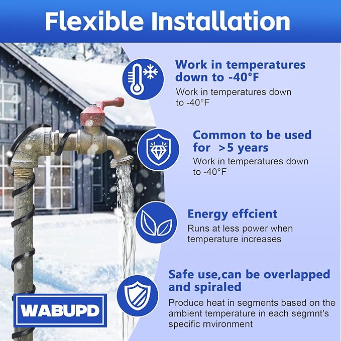 3FT-200FT Heat Tape for Water Pipes, -40°F Deicing Pipe Heat Cable,Electric Heating Cable Pipe,Frezze Protection for Heat Trace Cable for Metal, Plastic Home Pipes,Gutter,120V 5W/ft（80FT）
