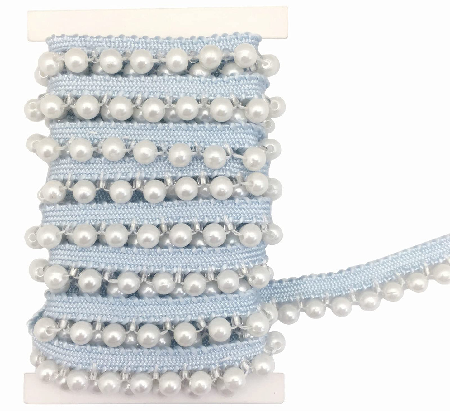 FQTANJU 2 Yards Faux Pearls Lace Ribbon Pearl Fringe Applique, DIY Craft Ribbon Pearl lace Trim for Wedding Party Decoration,Blue
