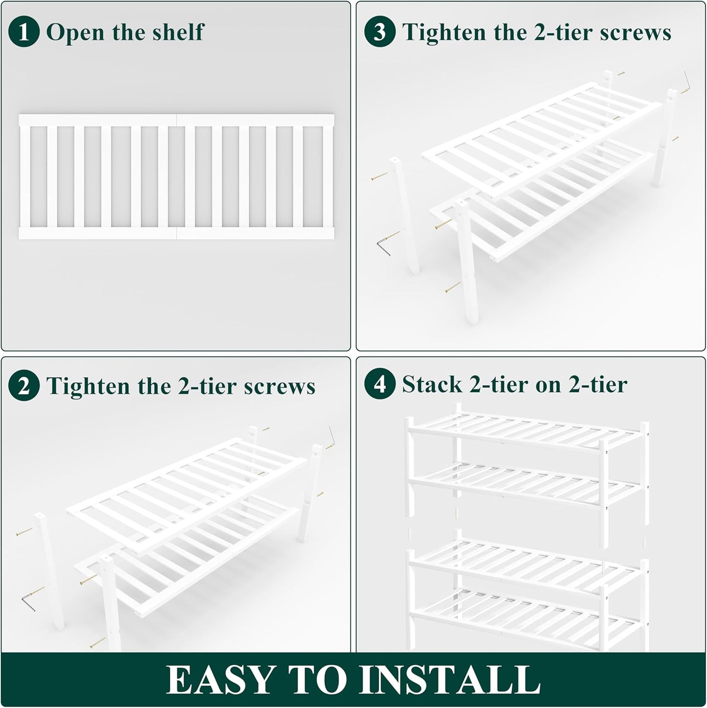 Smiry Shoe Rack, 4 Tier Thick Bamboo Shoe Organizer, Stackable Free Standing Wooden Shoe Storage Shelf for Closet, Entryway, Front Door Entrance, White
