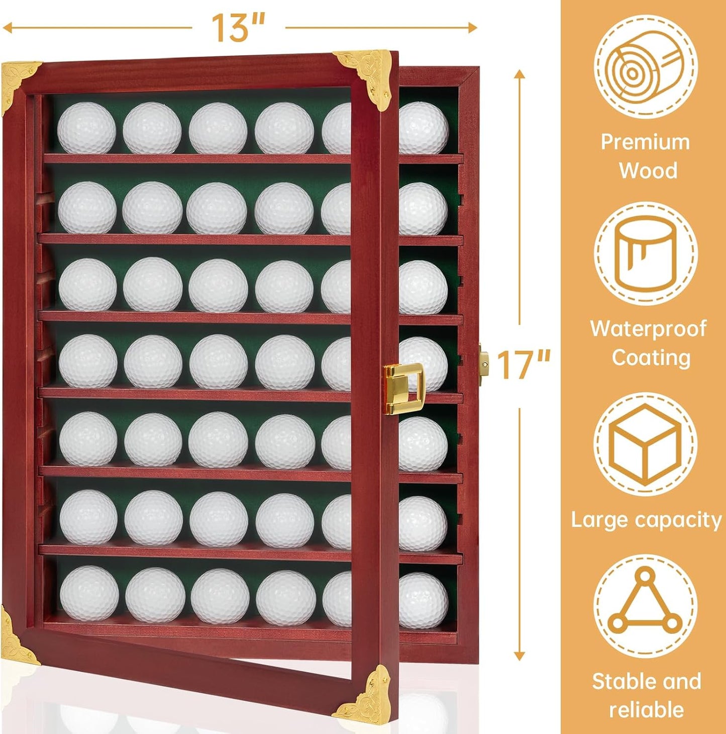 Golf Ball Display Case, Solid Wood Golf Ball Holder, Wall Mounted Golf Ball Rack with Acrylic Door for Golf Enthusiasts (Mahogany, for 42 Golf Balls)