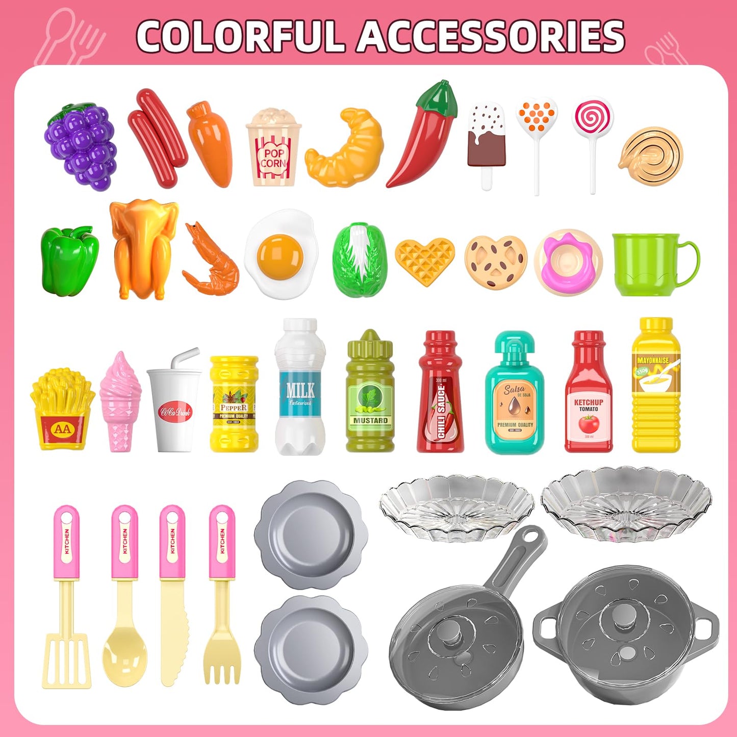 MSKOLER Play Kitchen Playset, Girls Kitchen Toys for Ages 2-6 4-8 with Light, Sound and Spraying, Sink Toy Accessories, Cooking Stoves, Pretend Food for Toddlers 1-3 3-5