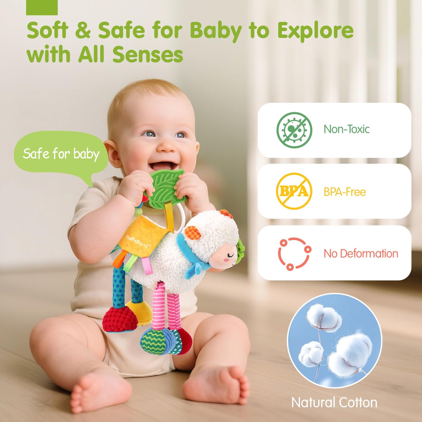 hahaland Baby Toys 0-6 Months - Baby Sensory Toys 0-3-6 Months Car Seat Toy Hanging - Musical Animals with Pull String Rattle Teether Crinkle Mirror, Crib Stroller Toy Tummy Time Easter Gifts for Baby