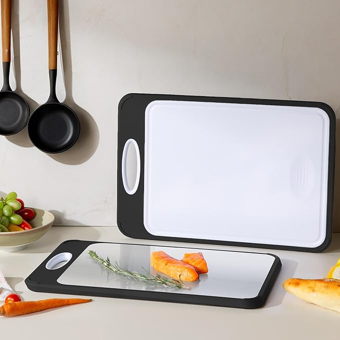 2 in 1 Stainless Steel Cutting Board with Handle Chopping Best Non Toxic Cutting Boards 2 Sided Cutting Boards for Kitchen Butcher Board Best Hardwood Kitchen Counter Organic Vegetable Meat BBQ Kit