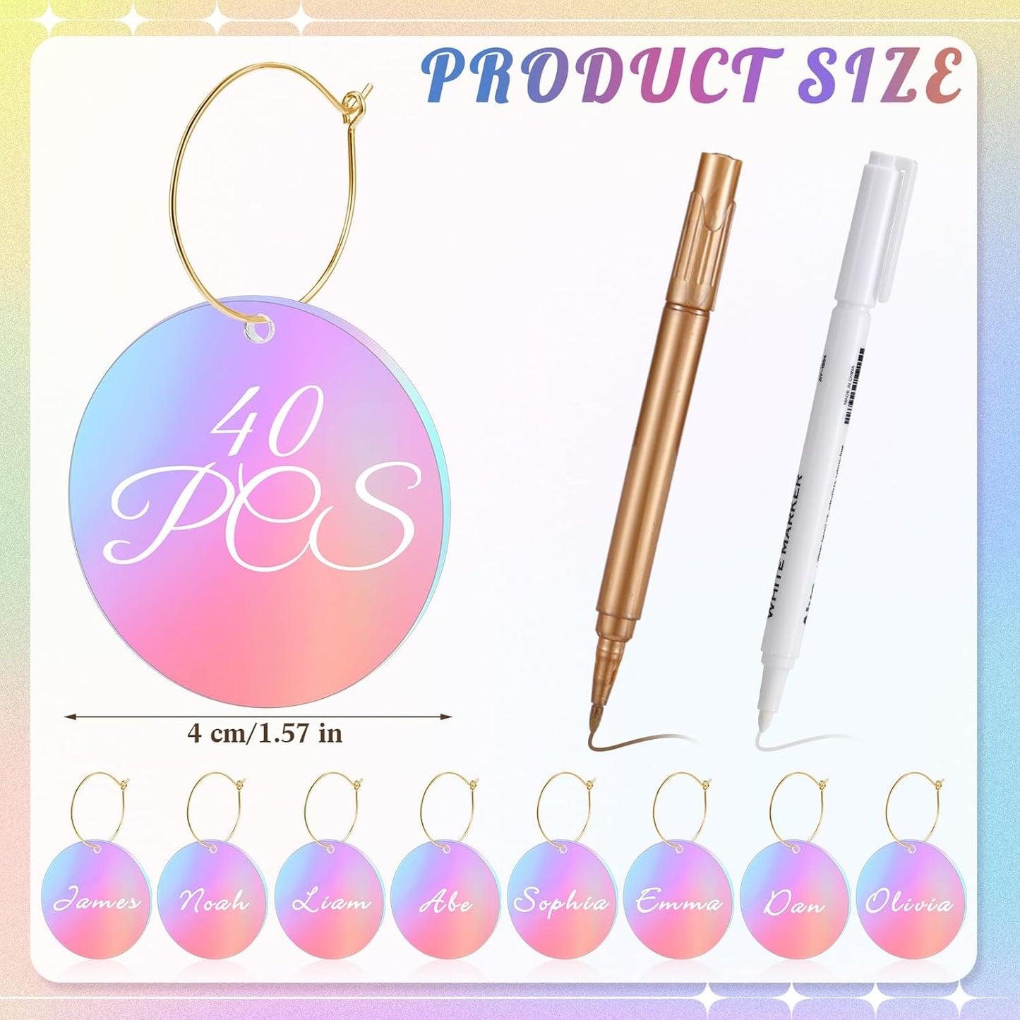 Tondiamo 40 Pcs DIY Wine Charms for Glasses Acrylic Wine Charms with Rings Tags Marker Pen Blank Glass Labels Bulk for Stem Cocktail Champagne Wedding Dinner Party Favor