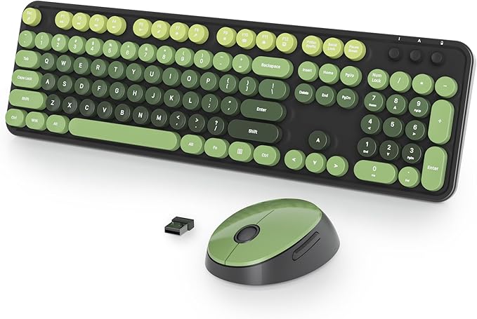 Wireless Keyboard and Mouse Set, Retro Typewriter, 2.4GHz Full Size 104-Key Cute Keyboard with Number Pad, Colorful with Round Keycaps for Windows PC Laptop(Dark Green)