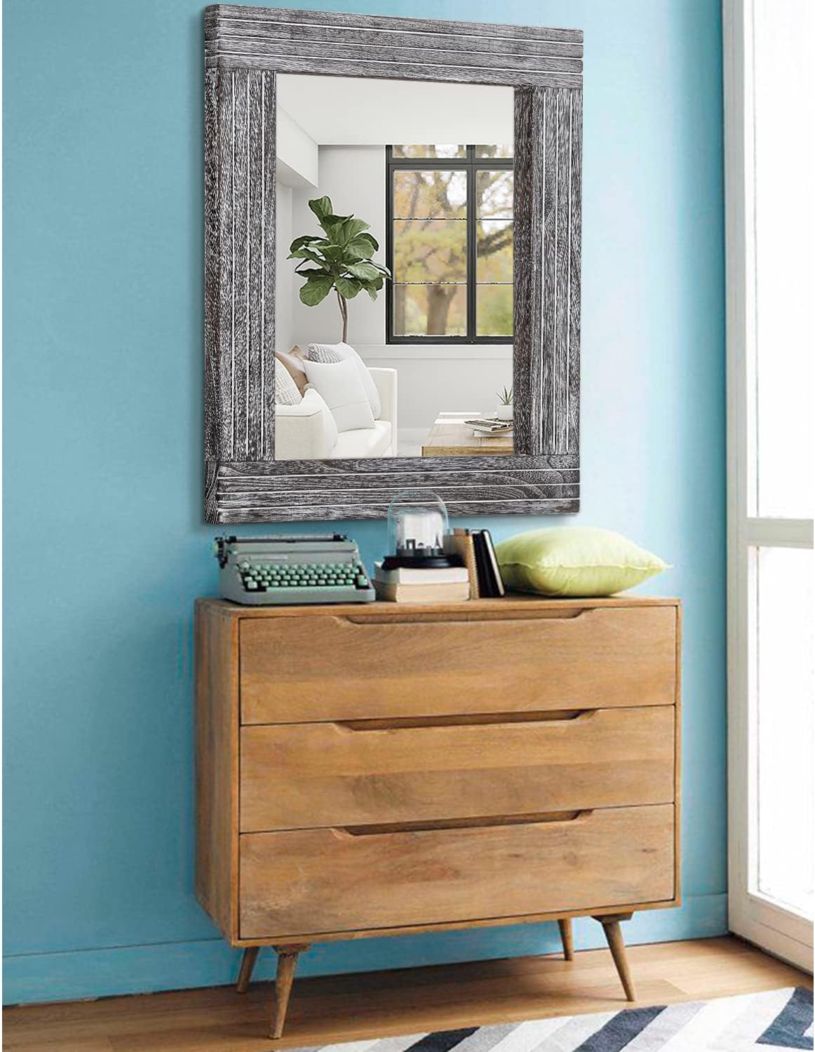 Large Wall Mirror Farmhouse Vintage Rustic Wood Framed Rectangular Mirror Decorative Dressing Table Entrance Bedroom Bathroom Mirror 26"x18"