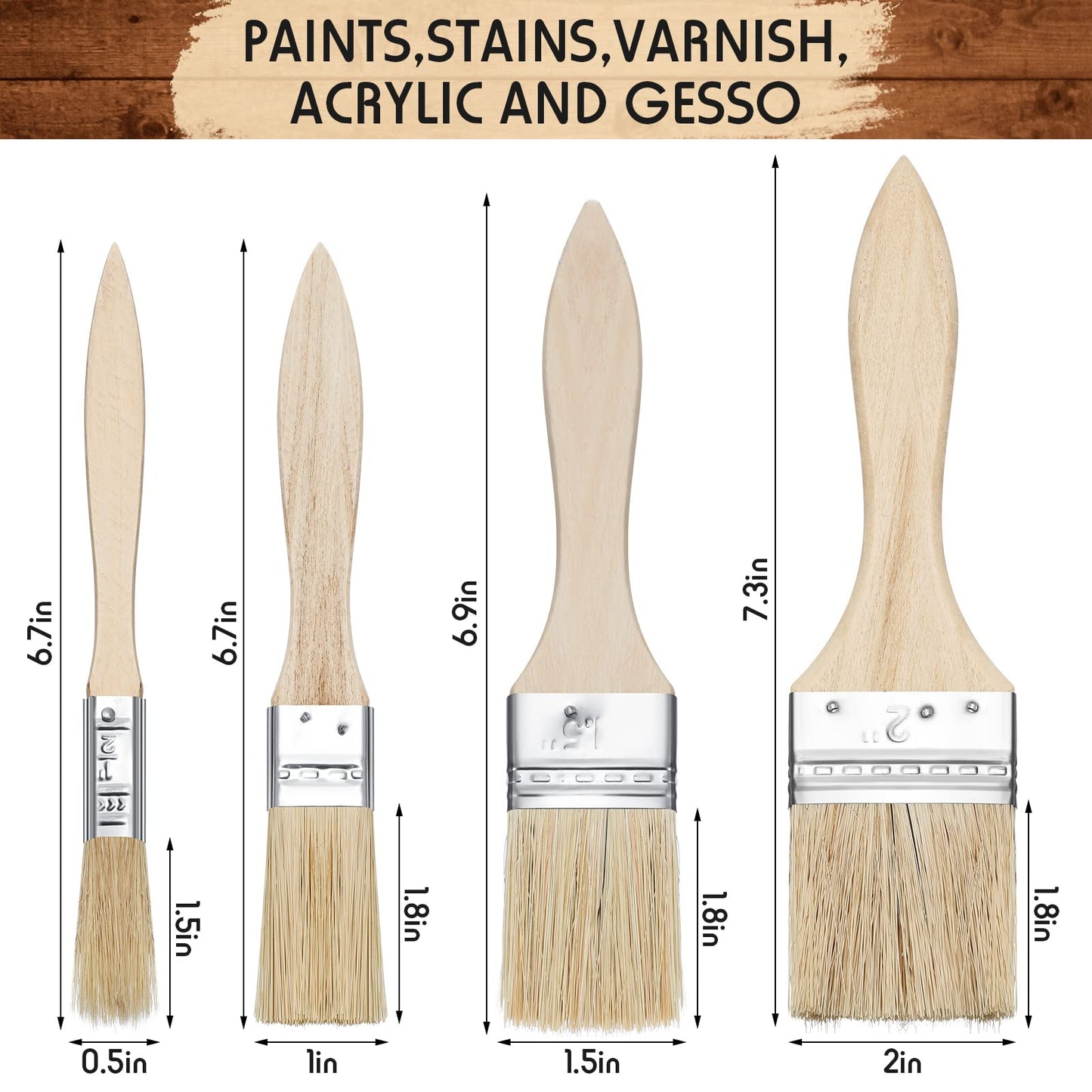 Skylety 48 Pcs Chip Paint Brushes Set 0.5/1/ 1.5/2 Inch Stain Brush Household Bristle Paintbrushes with Wood Handle for Paint, Glues, Varnish, Art Crafts Supplies, 4 Sizes Show