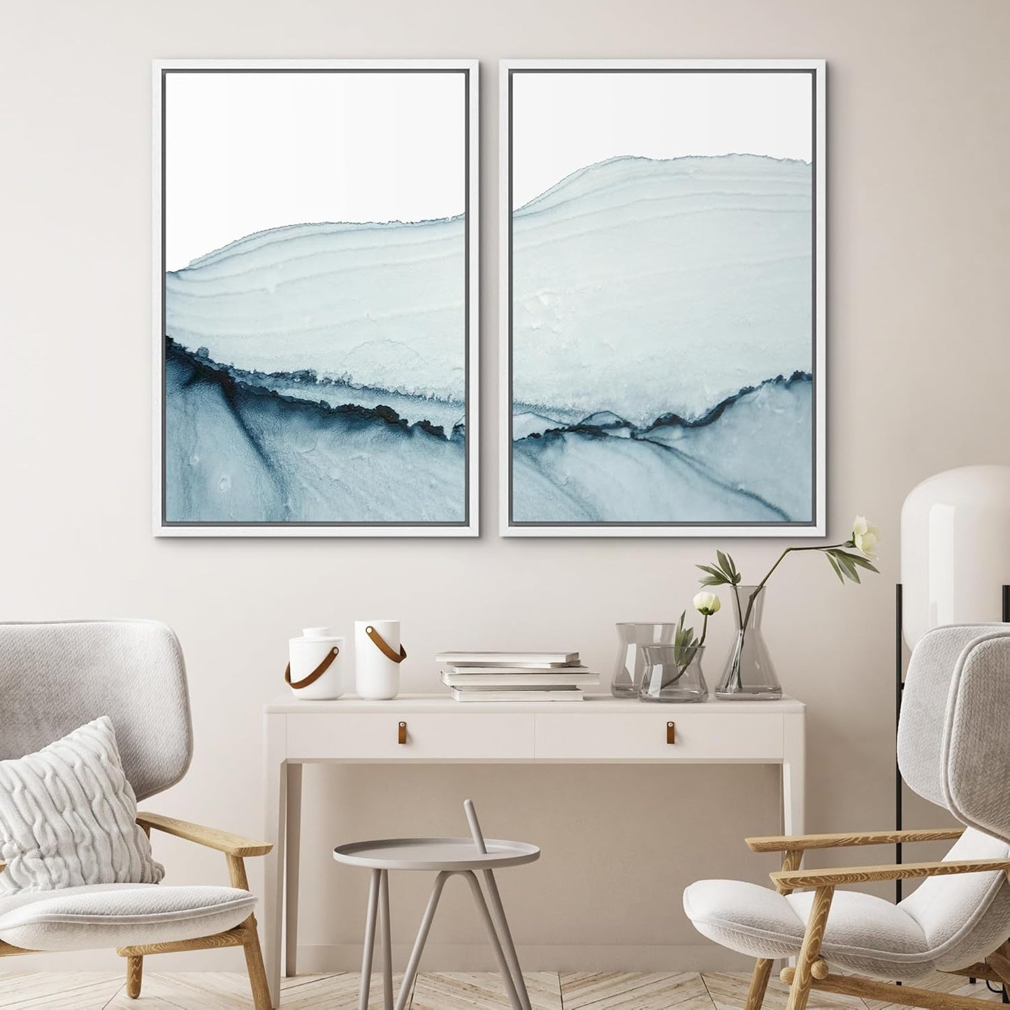 SIGNWIN Framed Wall Art Print Set Blue Paint Stroke Wave Collage Abstract Shapes Illustrations Modern Art Rustic Relax/Calm Multicolor for Living Room, Bedroom, Office - 24"x36"x2 White