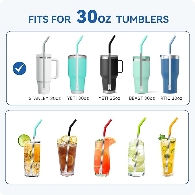 Reusable Metal Straws with Silicone Tip for Stanley 30oz,Stainless Steel Drinking Straws for 30oz Tumbler,3 Straight Tubes & 6 Tips& 1 Cleanr Brush (Transparent)
