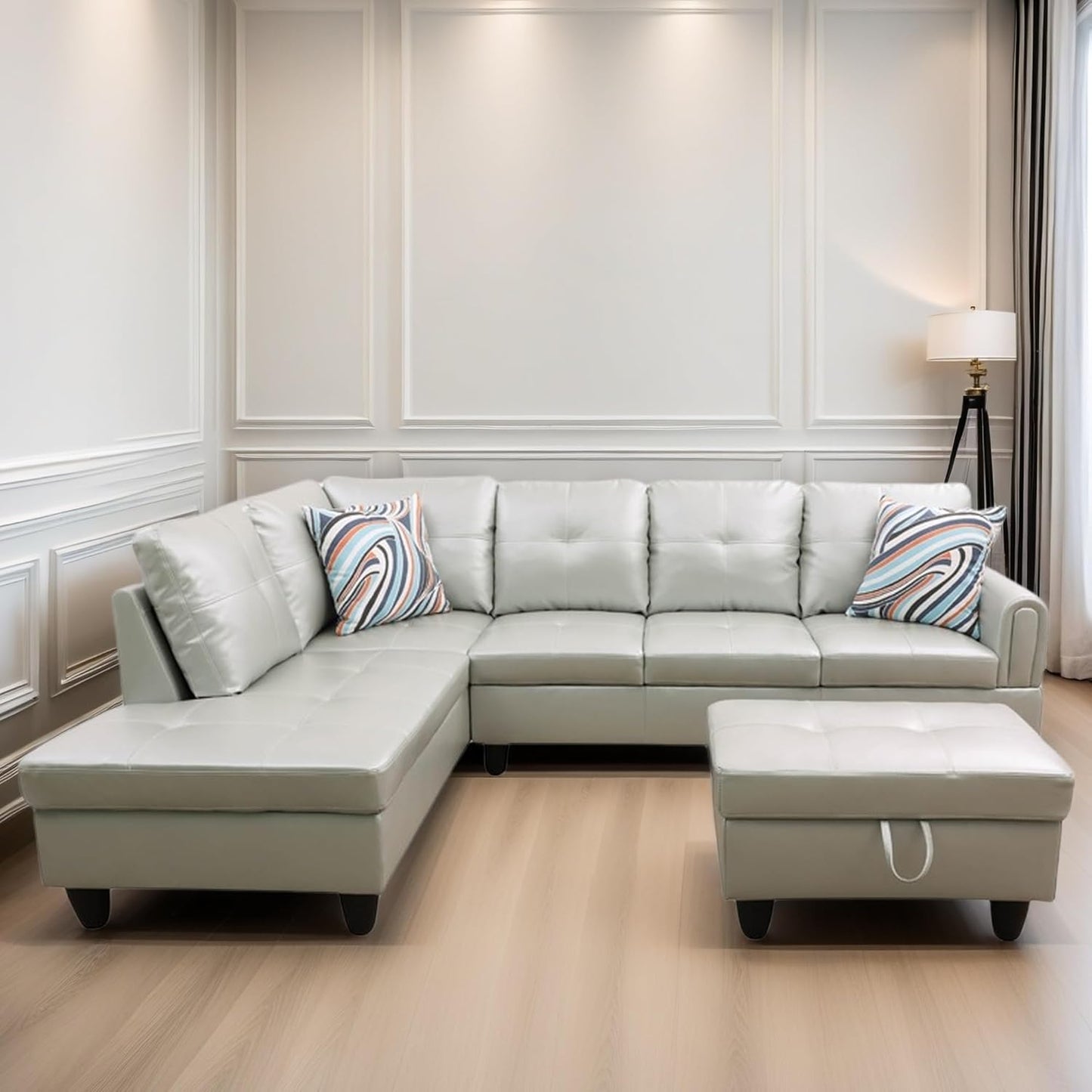 L Shaped Sectional Couches, Leather Couch Modular Sectional Sofa with Ottoman Storage, Modern L Shaped Couch with Chaise for Living Room Bedroom Apartment Furniture, White