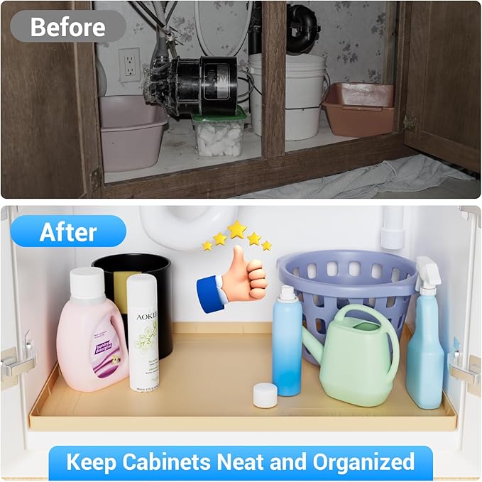 Under Sink Mat 28" X 19", Waterproof Silicone Under Sink Mats for Kitchen, Anti-Leak Shelf Liner & Cabinet Protector with Raised Edge, [BPA Free] Bathroom Tray Home Organizer, Brown
