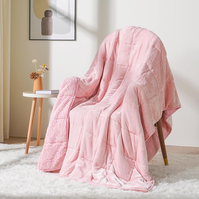 Cottonblue Weighted Blanket Queen Size 15lbs, Sherpa Weighted Blankets for Adults, Fuzzy Soft Flannel Bedding Blanket Throw, Cozy Plush Blanket for Sofa Bed, 60 x 80 inches, Blush Pink