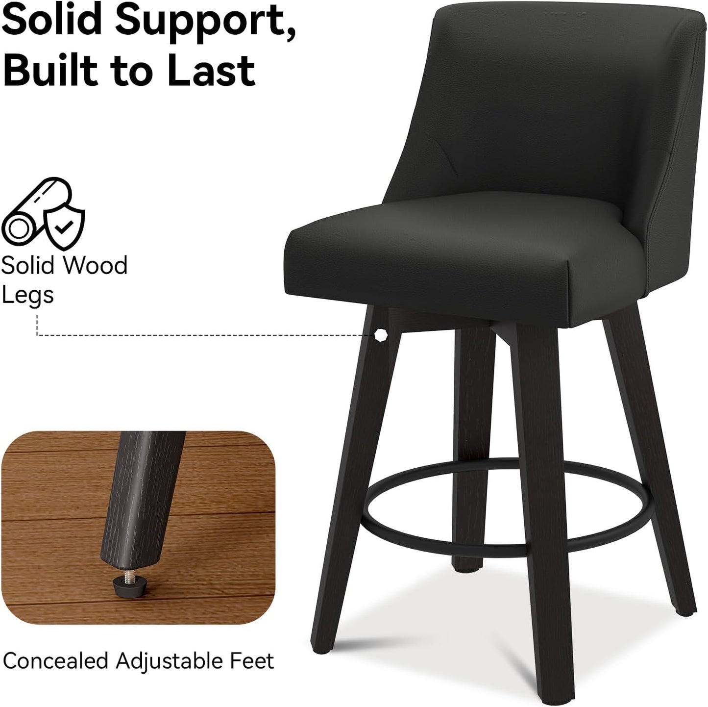 Counter Height Swivel Bar Stools Set of 6, 26 Inch Bar Stools with Footrest, Faux Leather Upholstered Barstools with Back and Solid Wood Legs for Kitchen Island, Dining Room,Pub,Black