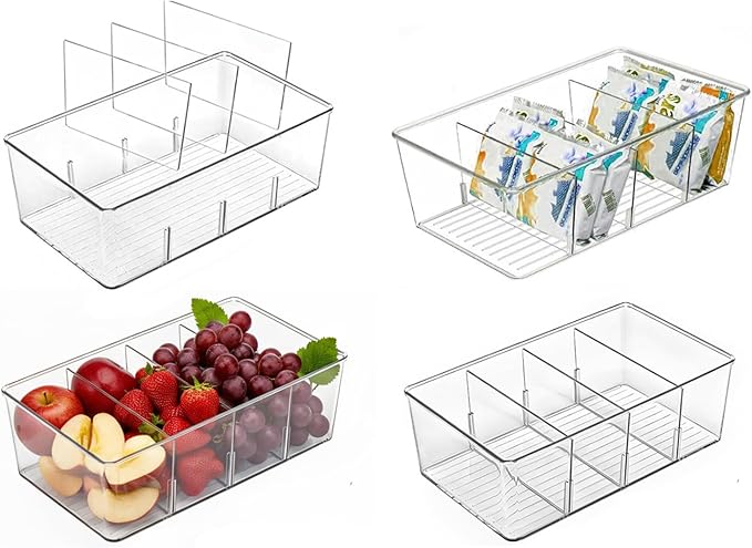 Pantry Organizers and Storage - 4 Pack Kitchen Organizers and Storage for Fridge,Drawer and Refrigerator - Spice Organization for Cabinet,Clear Plastic Stackable Bins for Snack Organizer