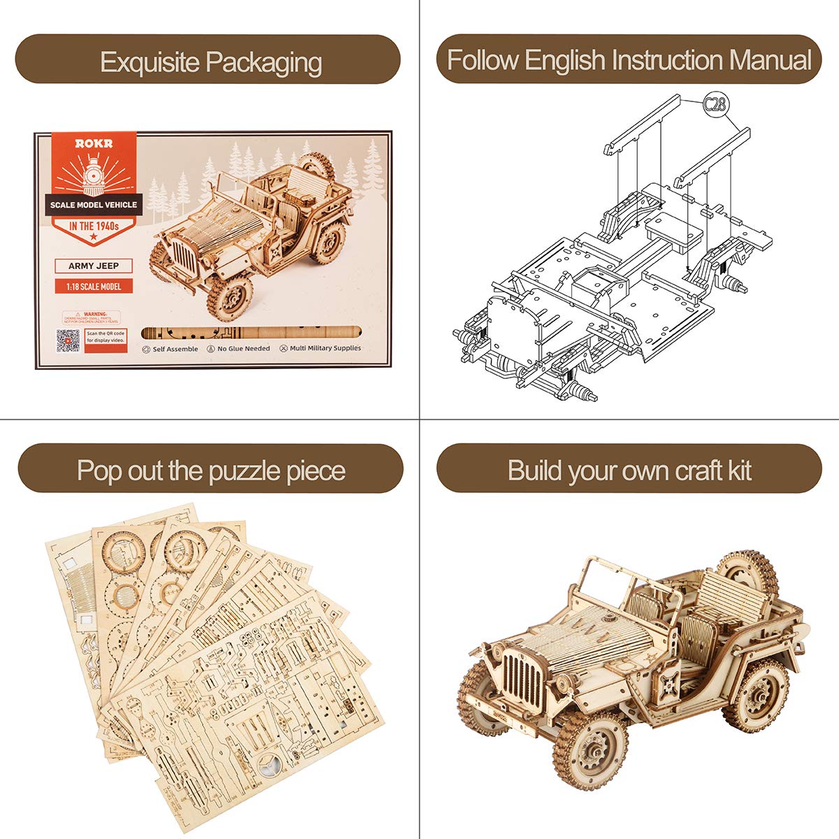 ROKR 3D Wooden Puzzle for Adults-Mechanical Car Model Kits-Brain Teaser Puzzles-Vehicle Building Kits-Unique Gift for Adults,Teens on Birthday/Christmas Day(1:18 Scale)(MC701-Army Field Car)