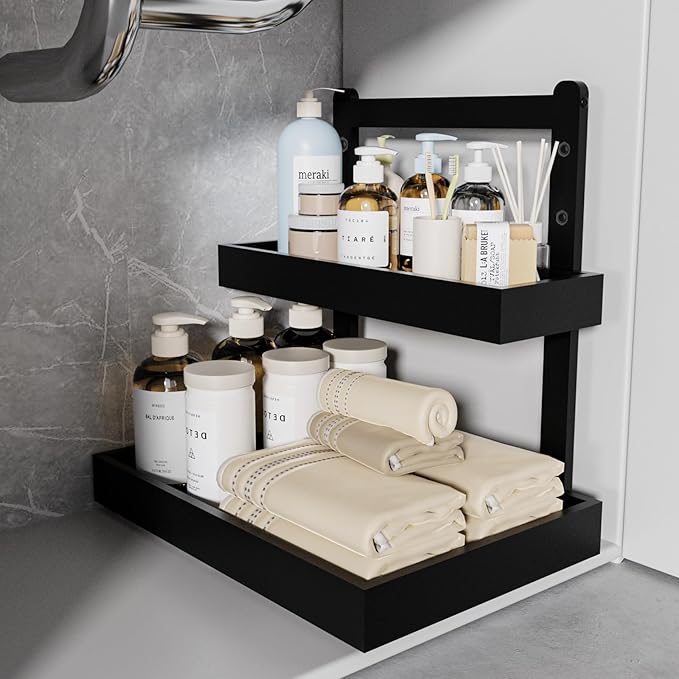 Bamboo Under Sink Organizer - 2 Tier Pull Out Cabinet Shelves with Adjustable Height, Undersink Storage Slide Out for Kitchen Bathroom Cabinet Pantry Black