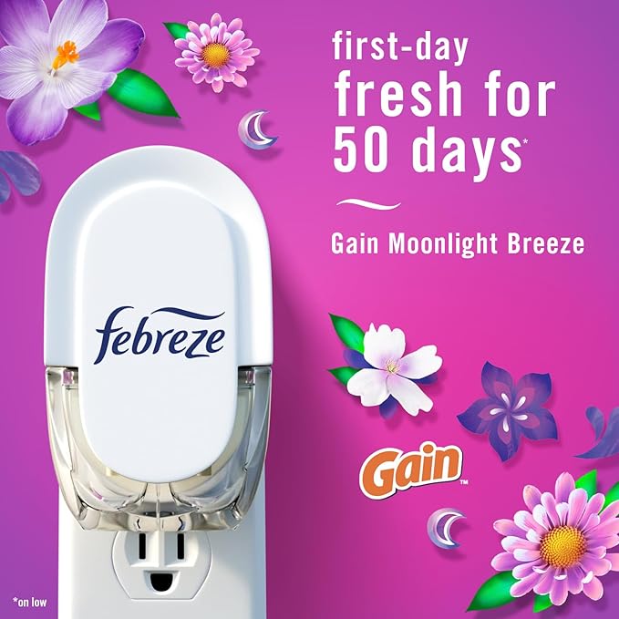 Febreze Plug In Air Freshener, Odor-Fighting Scented Oil Refill, For Home, Bathroom, & Kitchen, Long Lasting, Gain Moonlight Breeze and Gain Original Scents, 0.87oz Refills, 4 Count (2 of Each Scent)