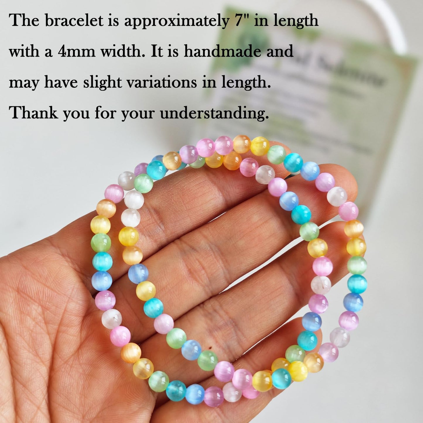 Handmade Natural Gemstone Elastic Bracelet - Healing Crystal Beads Jewelry, Unisex (Colourful Selenite, 4mm)