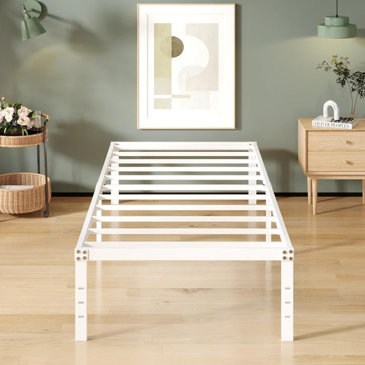 16 Inch White Twin Bed Frames No Box Spring Need, Metal Platform Bed Frame Twin Size Heavy Duty Mattress Foundation, Eassy Assembly 2,500 lbs Steel Slats Support
