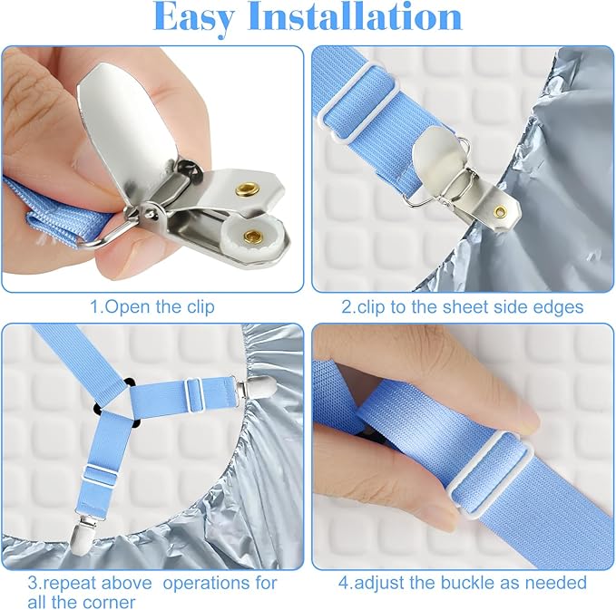 Morcheiong 2 Pack Bed Sheet Fasteners Straps Adjustable Bed Sheet Holder Bands with Sheet Clips for Bedding Stays Bedsheet Tie Downs -Blue
