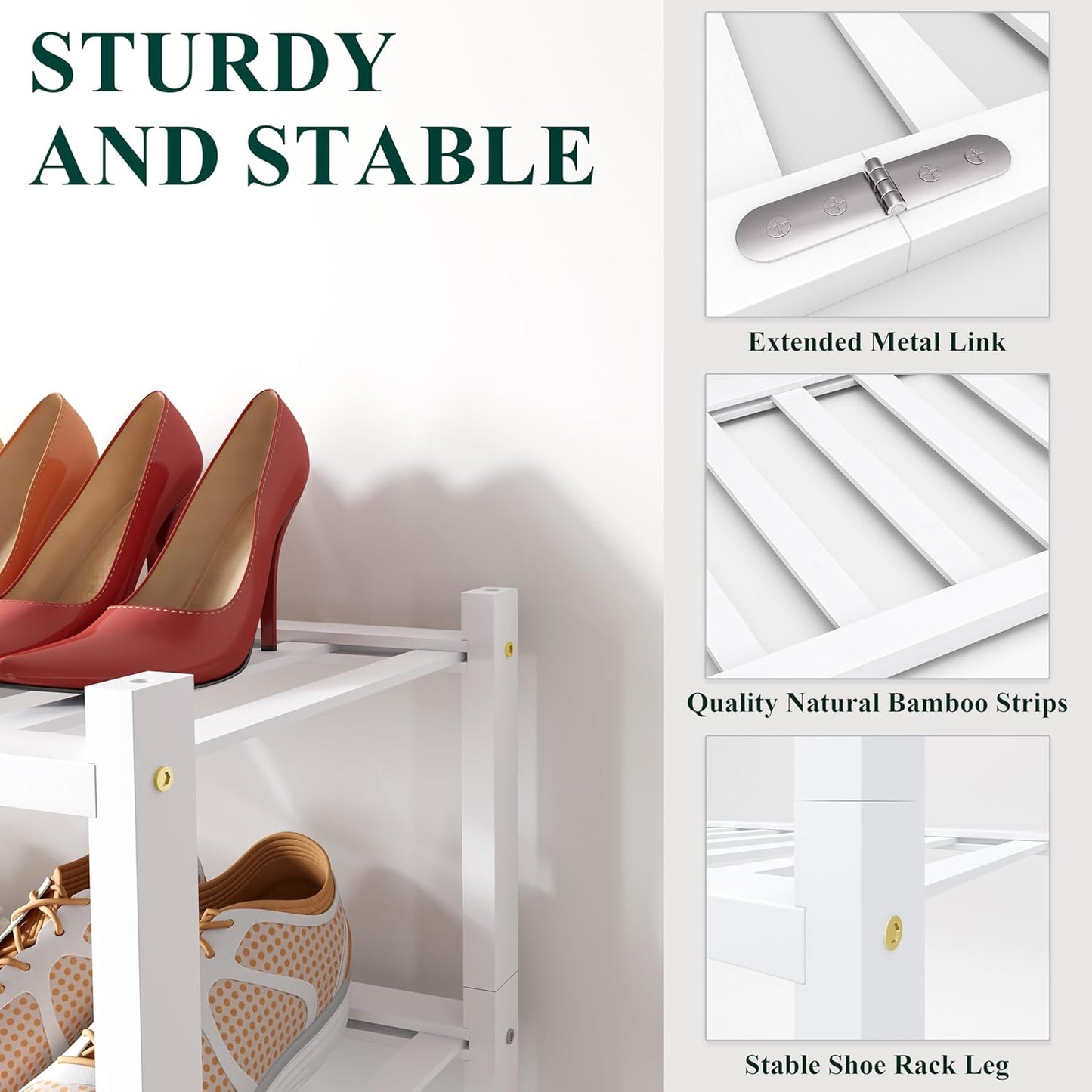 Smiry Shoe Rack, 3 Tier Small Bamboo Shoe Organizer, Stackable Free Standing Wooden Shoe Storage Shelf for Closet, Entryway, Front Door Entrance, White