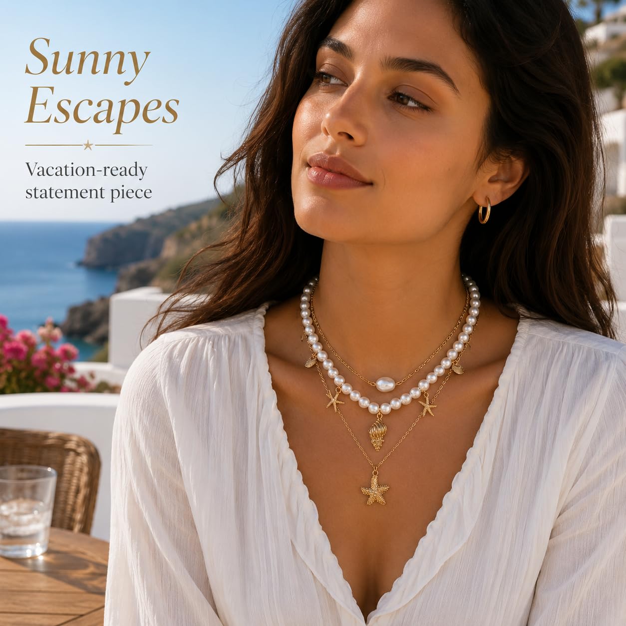 Shell Starfish Necklace for Women Gold Tone Layered Beach Jewelry Pearl Seashell Charm Adjustable Coastal Necklace for Summer Vacation Outfits Gifts
