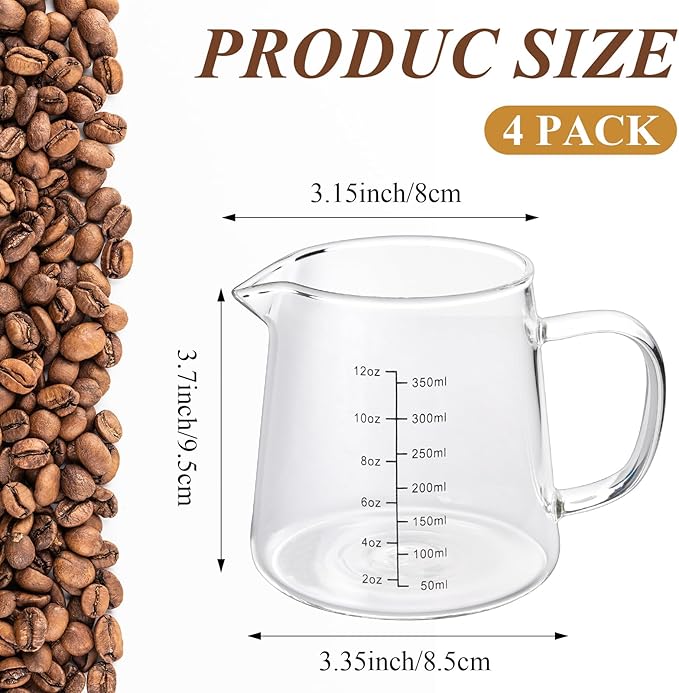 4 Pack 12oz Coffee Measuring Glass Cups, Heat Resistant Espresso Shot Pitcher Glass Cup, Microwave & Dishwasher Safe Milk Frothing Pitcher Creamer Container